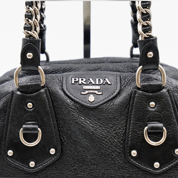 Prada Black Cervo Lux Leather Chain Bowling Bag - Picture 3 of 14